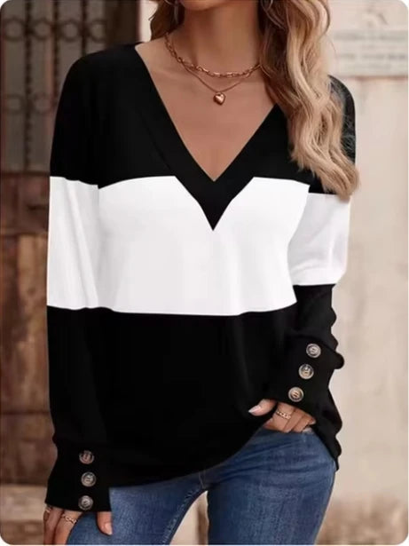 Comfort Pullover Button Down V Neck Long Sleeve Blouse/Loose Fitted.