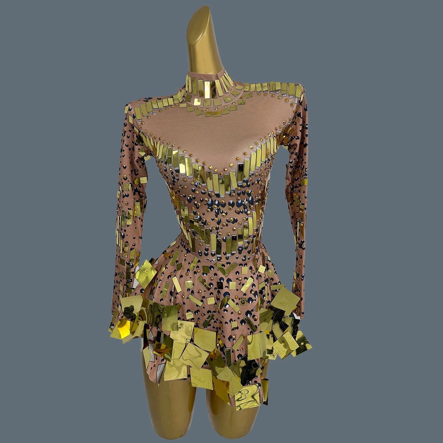 Dazzling Golden Rhinestone Mini Dress/Stage Sequined Maxi Dress/Concert Event Day/Crystal Mirror Silhouette A-LINE Dress.