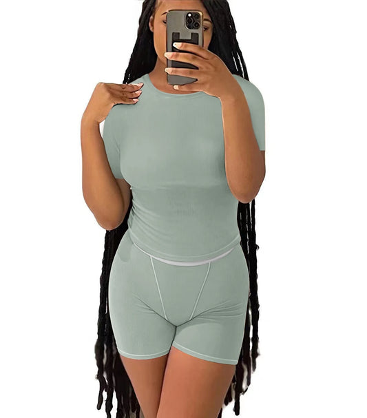 Casual Workout Day/Two Piece Outfit/Fitted Crew Neck/T~shirt/High Waist Pant’s/Matching Sets Streetwear.