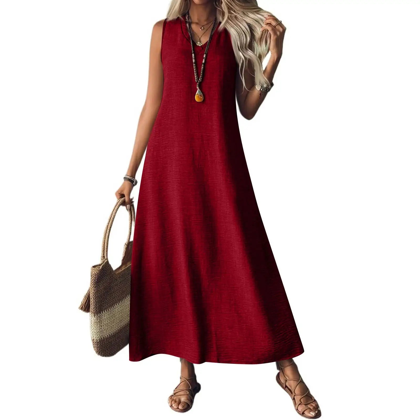Trendy Solid V-Neck Loose Dress/Sleeveless V Neck Pullover Dresses/Holiday Beach Skirt Robe.