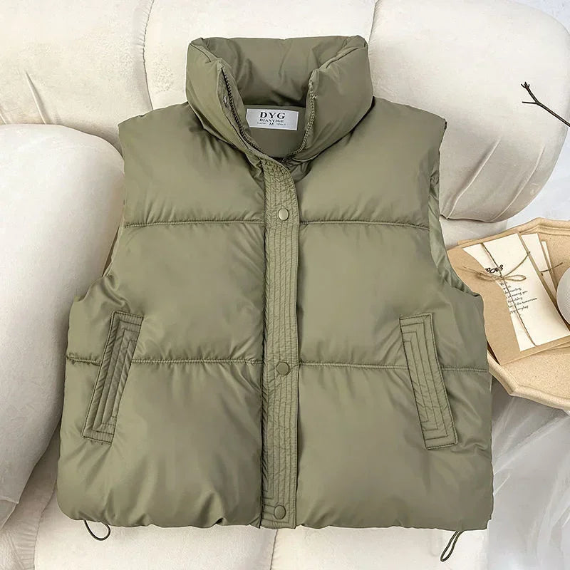 New Autumn Casual Loose Down Cotton Vests Women Stand Collar Short Sleeveless Coats Solid Zipper Waistcoat Winter Warm Vest