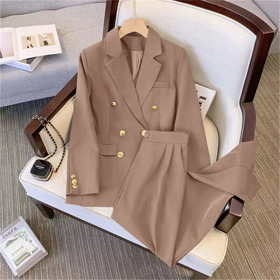Khaki Office Double Breasted Suits Sets Women New Long Sleeve Blazer Jackets Conjunto Ol High Waist Straight Pants Outfit
