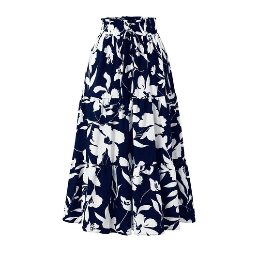 Retro Puff Floral Printed Skirt/With Pocket’s/Casual Elastic High Waist Lace-up Loose Skirts.