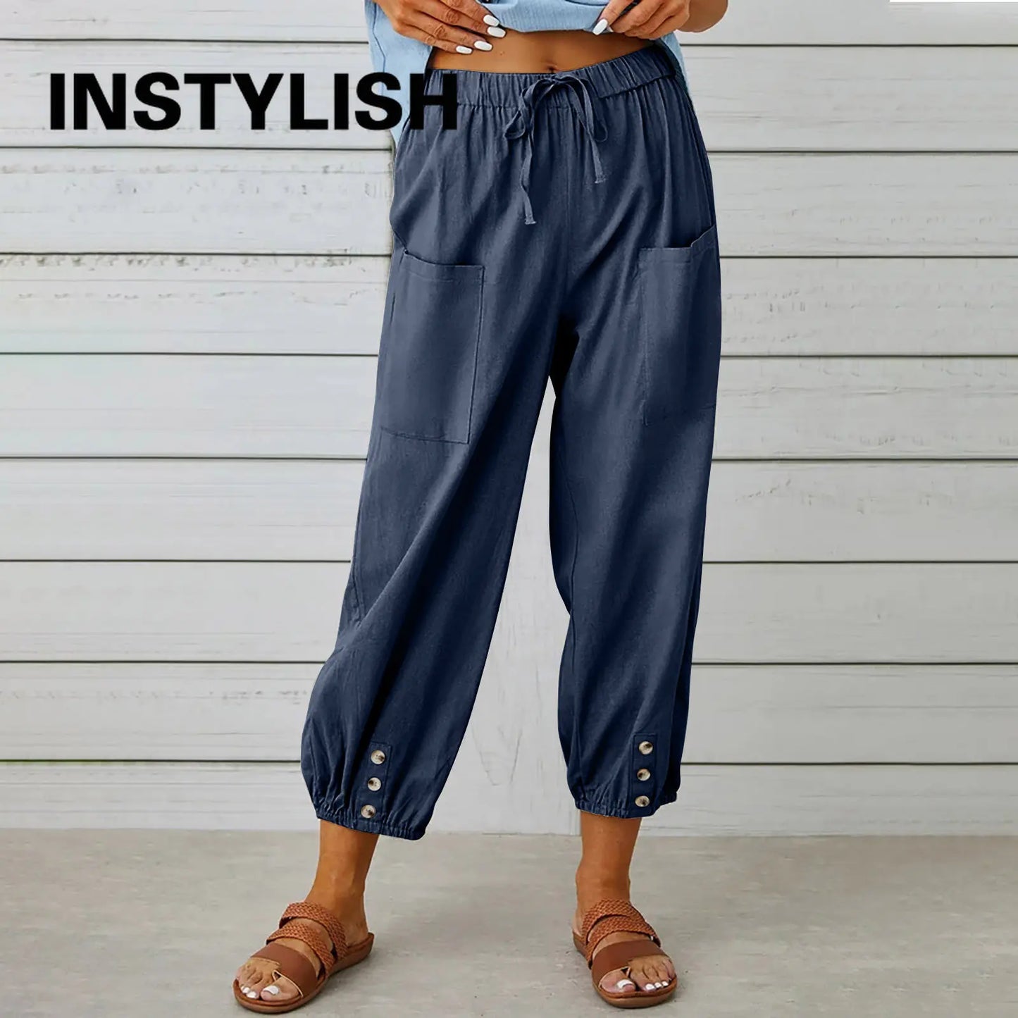 Comfy Carpi Harajuku Pants/Loose Cotton Linen/Solid Color Elastic Waist Loose Straight Trousers/Waist Wide Leg Pants.