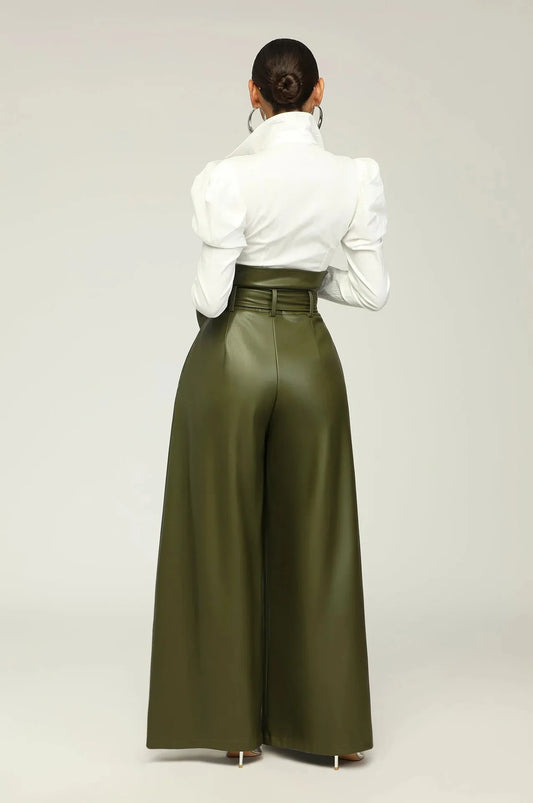 High-Waist Faux Leather Wide-Leg Pants with Belt – Elegant Statement Trousers