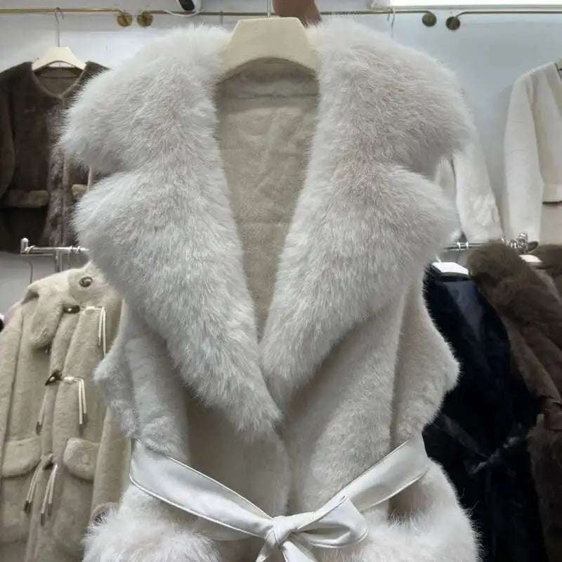 Puffy European Sleeveless Waist Cost Lace-up Design Long Fur Waistcoats/Thick And Warm Women Winter V~Neck Vest.