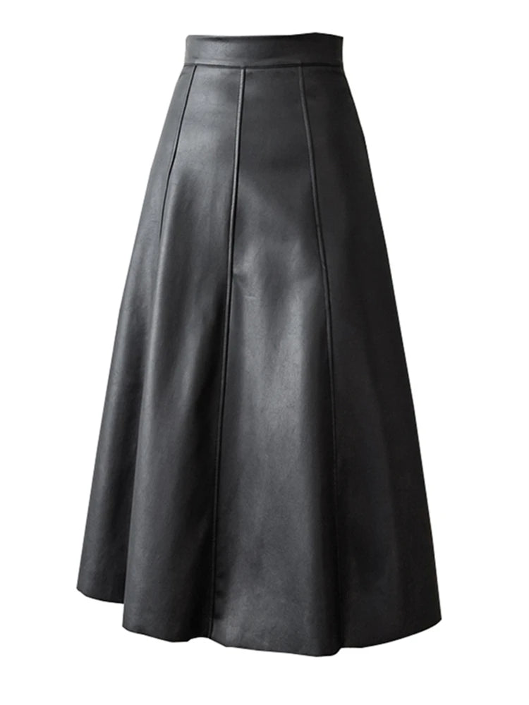 Seoulish Black Faux PU Leather Women's A-Line Skirt/New High Wasit Solid Chic/Umbrella Office Skirt’s Female.