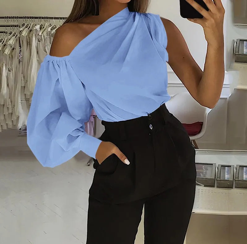 Women's Solid Color Oblique/Shoulder fit long Sleeve. For casual use/Off Shoulder design. Female Fashion Lantern Long Sleeve Shirts.