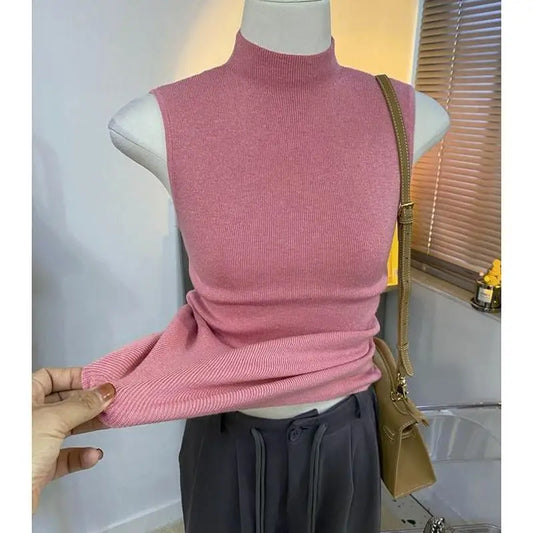 Knitted turtleneck sweater/Women Half High Collar Fashion/Autumn Basic Slim Sleeveless Sweaters/All-match Ulzzang Leisure Knitting. Popular Slightly Stretch.