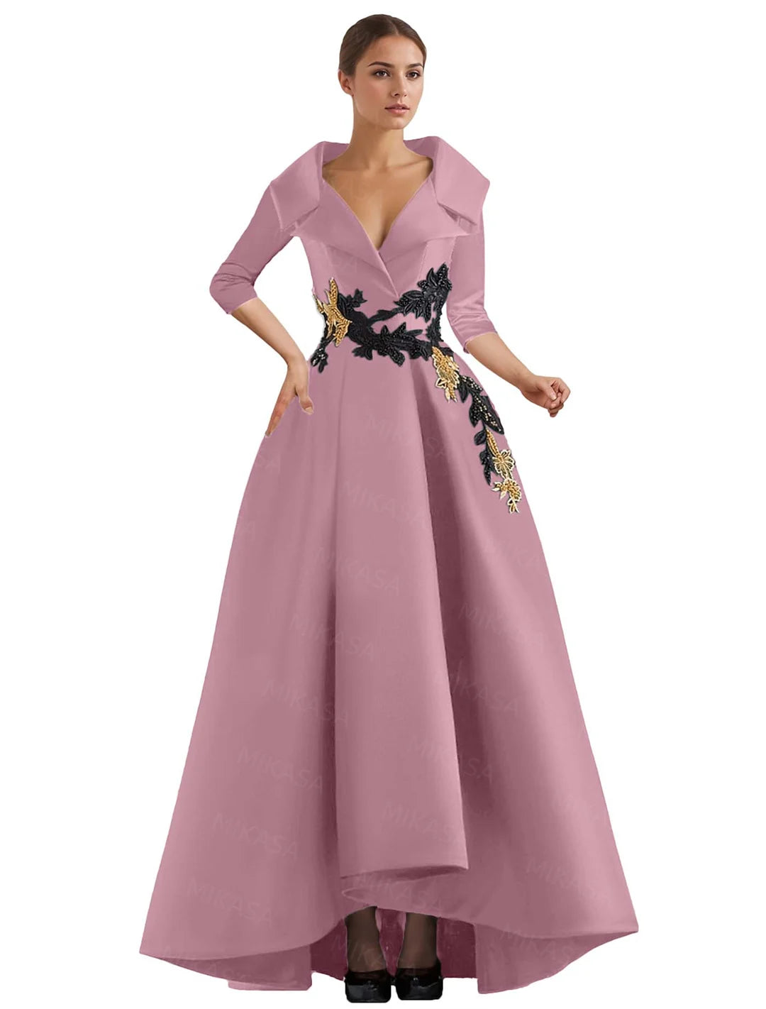 Elegant A Line Vintage Gown/Modern Three Quarter Sleeves V~Neck Dress/Party Gowns With Appliqué’s/Pockets Irregular Ruffles.