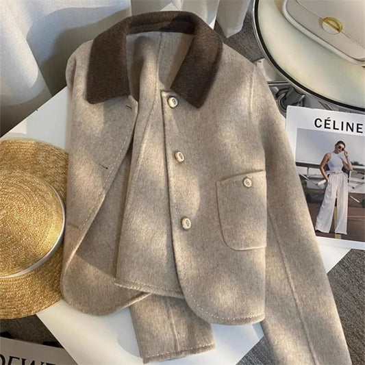 Women’s Contrast Collar Wool-Blend Jacket – Single Breasted Tailored Coat with Button Detail | Quiet Luxury Outerwear