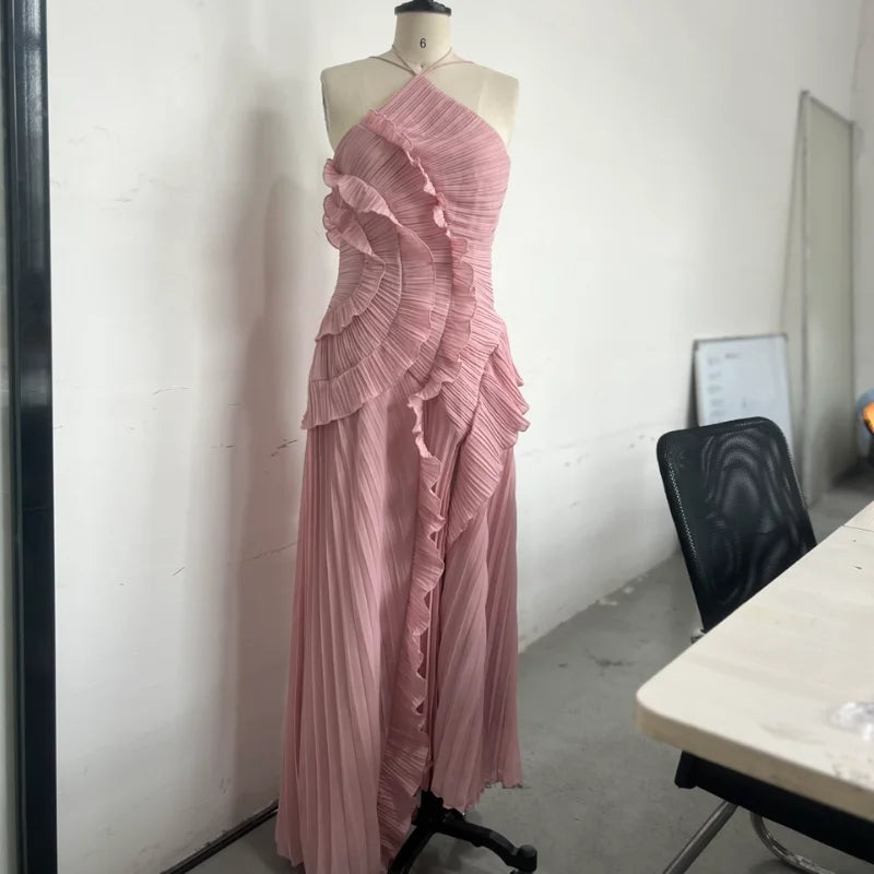 Chic Style Lotus Edge Maxi Dress/Slim Fitted Ankle Length Dress/Backless Lace Up/Elegant Floral Halter Sleeveless Robes.