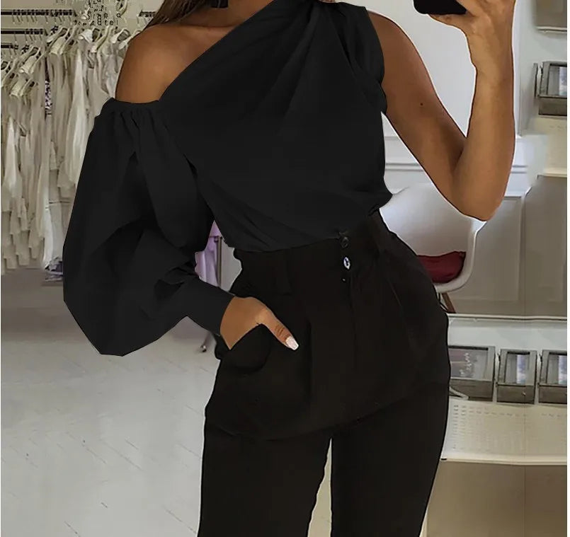 Women's Solid Color Oblique/Shoulder fit long Sleeve. For casual use/Off Shoulder design. Female Fashion Lantern Long Sleeve Shirts.
