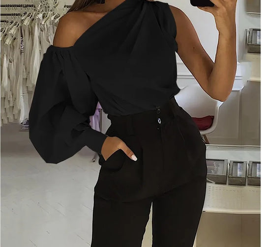 Women's Solid Color Oblique/Shoulder fit long Sleeve. For casual use/Off Shoulder design. Female Fashion Lantern Long Sleeve Shirts.