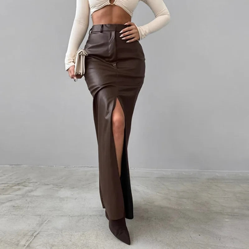 Luxury High-Waist Faux Leather Midi Skirt with Front Slit – Elegant Tailored Fit