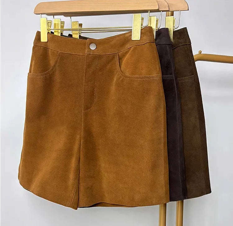 Sheepskin Real Suede Leather Shorts for Women – Genuine Leather Slimming Straight-Leg Mid-Waist Trousers in Coffee Brown | Fall Fashion