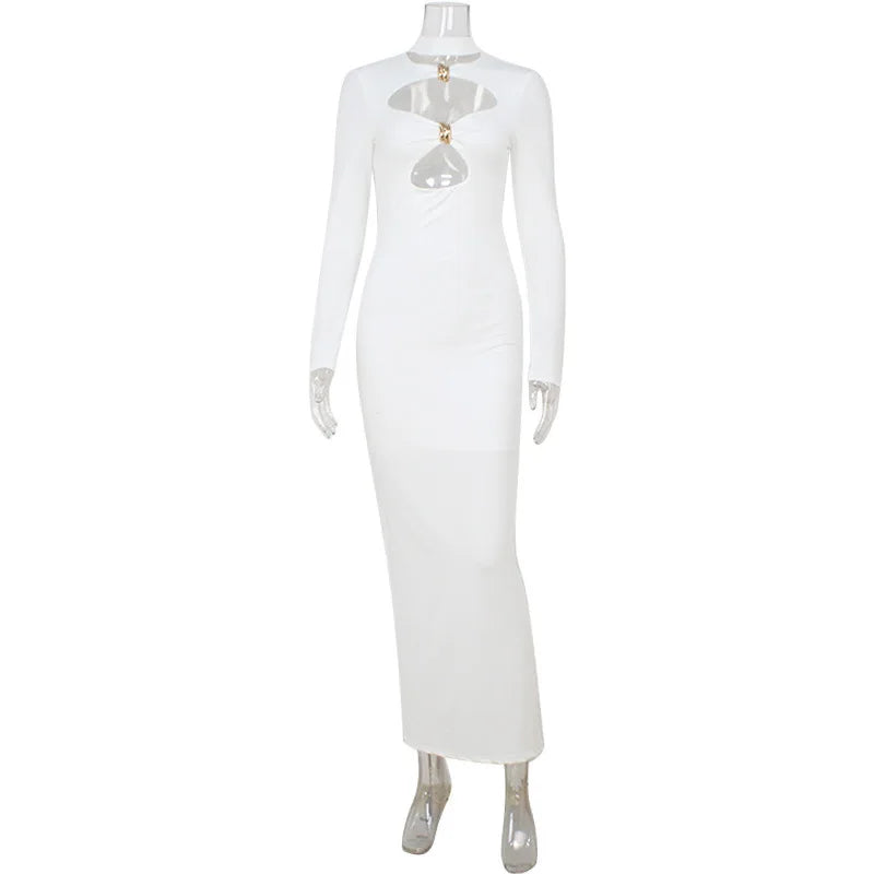Elegant Cut-Out White Bodycon Maxi Dress – Long Sleeve High Neck Evening Dress for Women