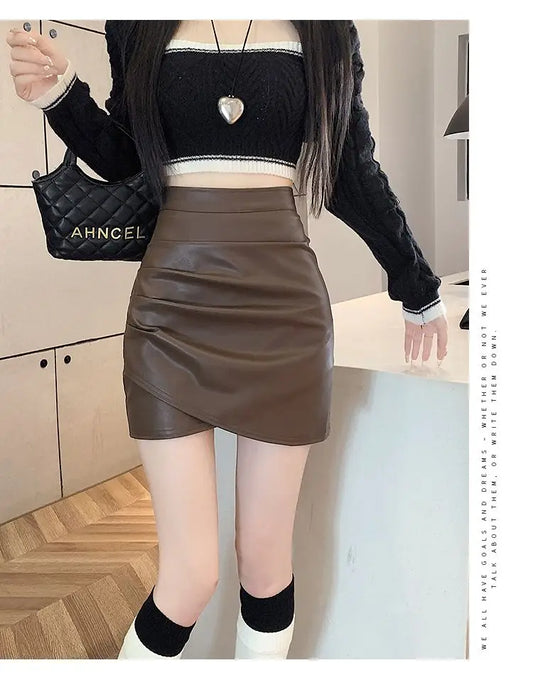 High-Waist Faux Leather Bodycon Mini Skirt – Ruched Slim Fit PU Leather Wrap Skirt for Women