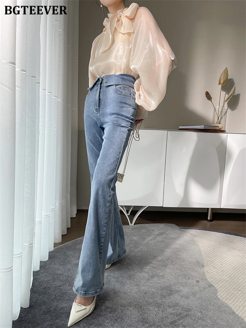 Elegant Ivory Bow Neck Blouse for Women – Long Sleeve Satin-Effect Loose Fit Top
