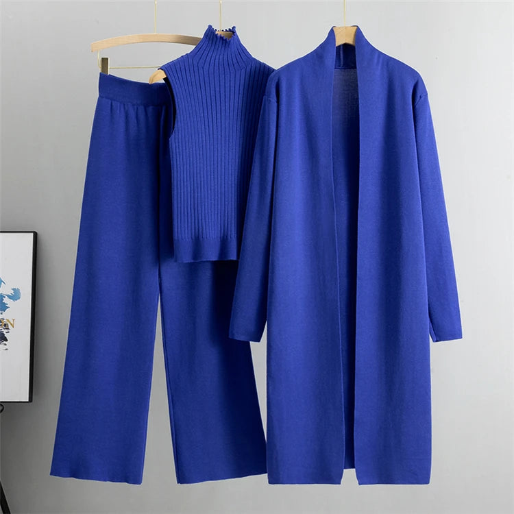 Women’s 3-Piece Knit Cardigan Set | Long Open-Front Coat, Sleeveless Turtleneck Top & Wide-Leg Pants | Fall Winter Lounge & Office Outfit
