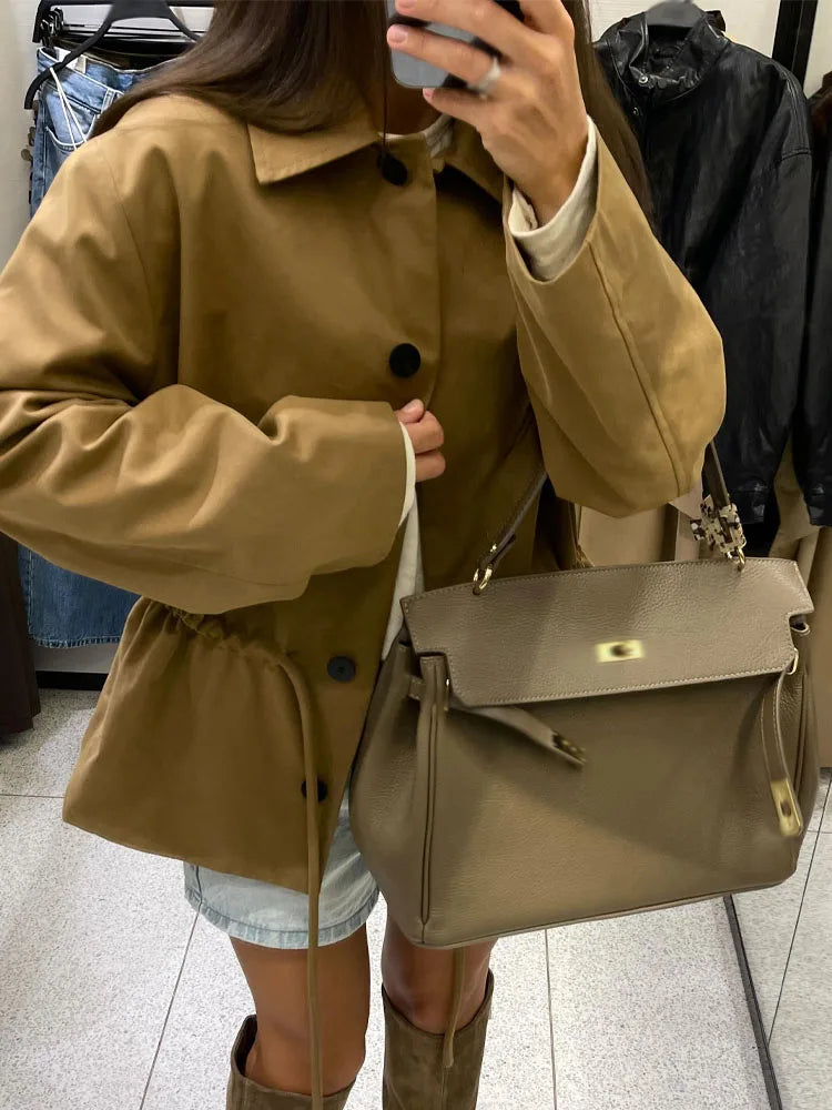 Fashion Turn Down Collar Coat/Short Cardigan Coat’s/Solid Type Jacket/Long-Sleeved/Lace-Up Decoration/Single-Breasted Female Casual Jacket.