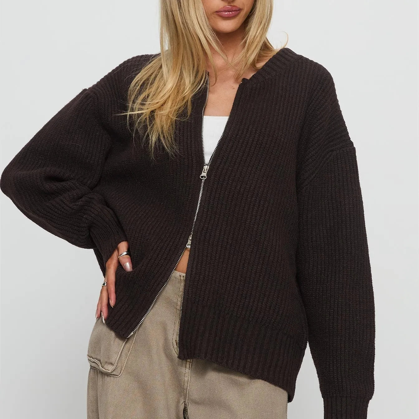 Women’s Zip-Up Knitted Sweater/Cardigan – Mock Neck Long Sleeve Open-Front Winter Jacket/Casual Long Sleeve Open Front Cardigan/Outwear Coat Fashion Streetwear.