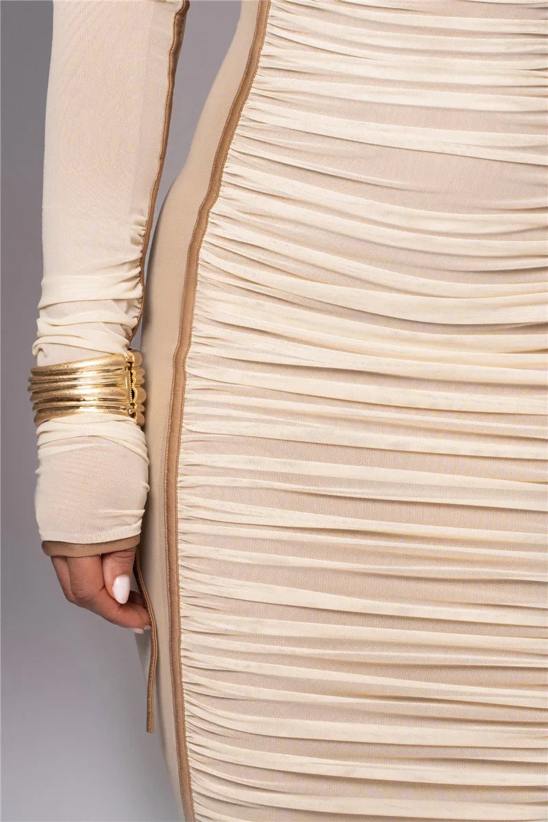 Diagonal Collar Long Sleeve Midi Dress For Women Two Layer Mesh Backless Ruched Bodycon Club Party Sexy Long Dress