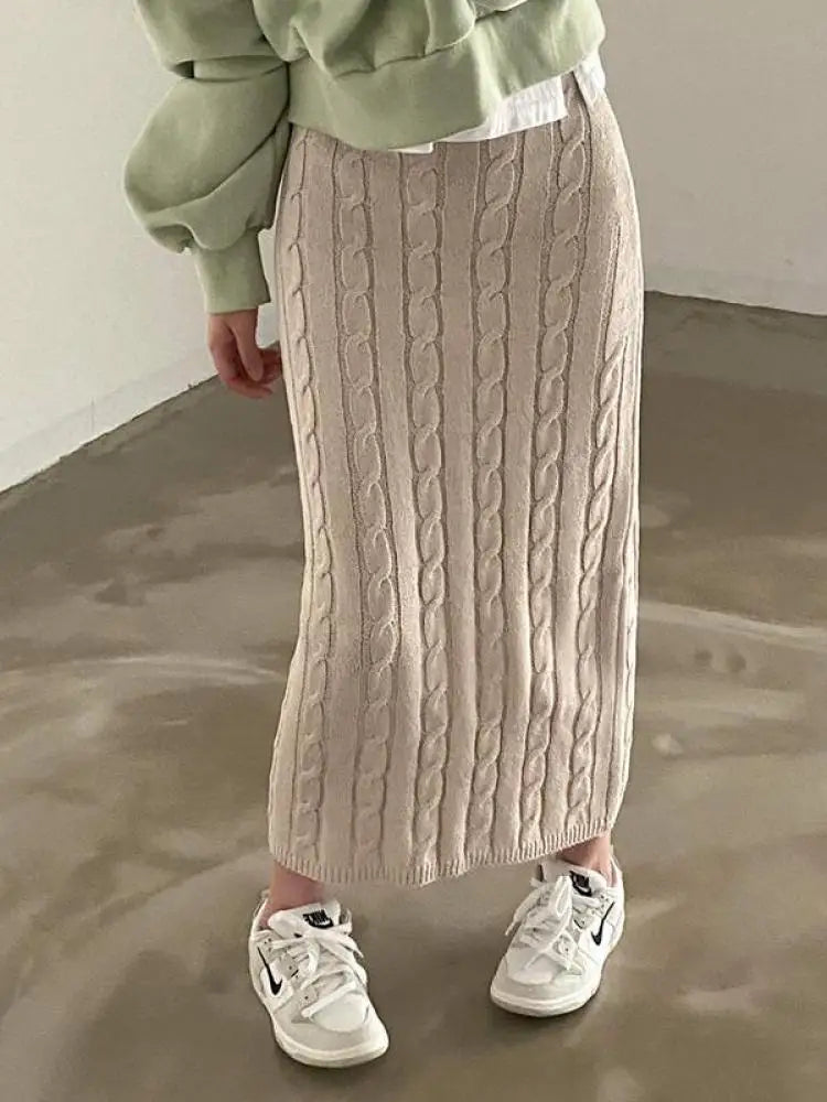 Solid Cotton Cable Crochet Skirts/Slim Fitted Fashion/Long Skirt Vintage/Elastic High Waisted Straight Skirt.