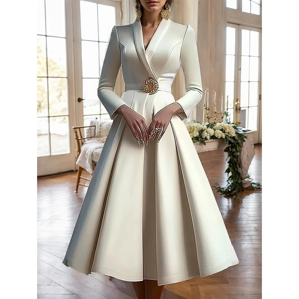 Elegant V Neck Pleated Pullover/Long Sleeved A-Line Dress/Waisted Evening Party Dress Women's Long Dress Vestidos with Belt.