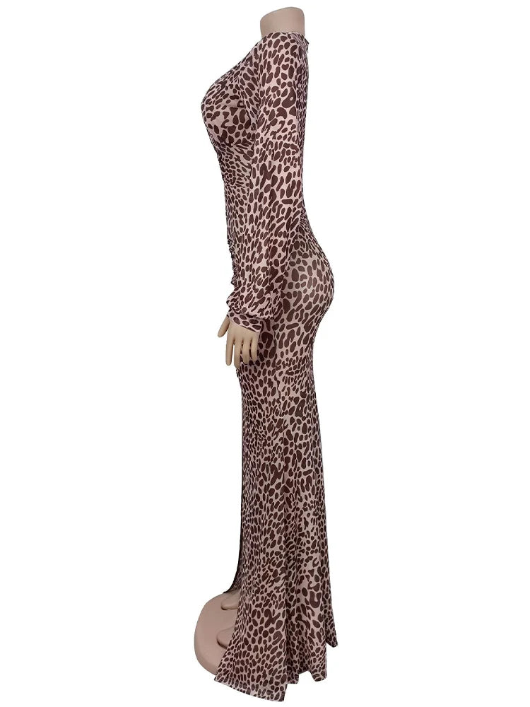 Luxury Leopard Print Cut-Out Maxi Dress – Deep V Long Sleeve Bodycon Gown