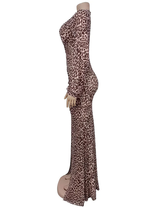 Luxury Leopard Print Cut-Out Maxi Dress – Deep V Long Sleeve Bodycon Gown