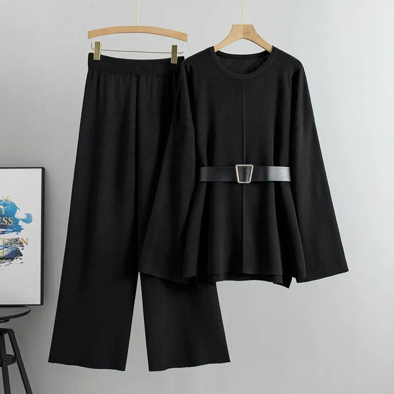 Women’s Elegant Knit Two-Piece Set | Belted Sweater & Wide-Leg Pants | Timeless Minimalist Elegance
