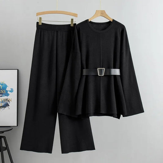 Women’s Elegant Knit Two-Piece Set | Belted Sweater & Wide-Leg Pants | Timeless Minimalist Elegance