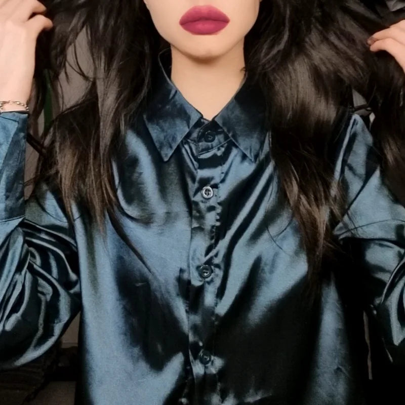 Satin Long Sleeve Blouses/Autumn Vintage Orange Green Silk Shirt Casual Loose Button Up.