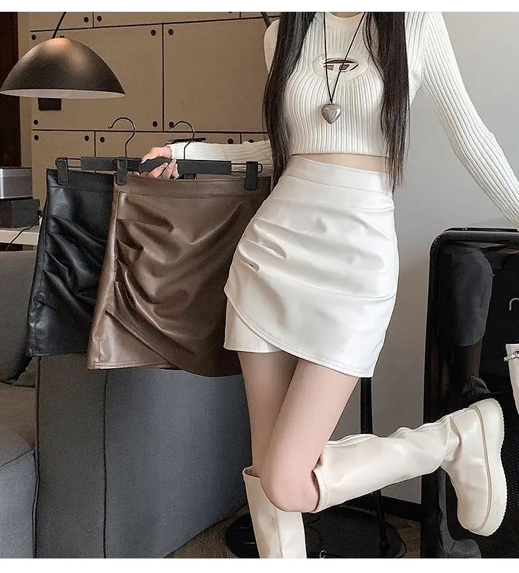 High-Waist Faux Leather Bodycon Mini Skirt – Ruched Slim Fit PU Leather Wrap Skirt for Women