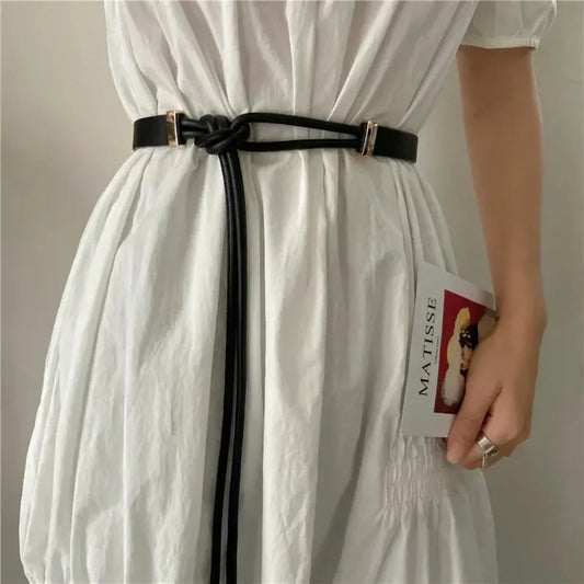 Fashioned Non-Hole Knot Belt/Style Belts PU Leather/Solid Color/Thin Lace-up Waist Strapped.