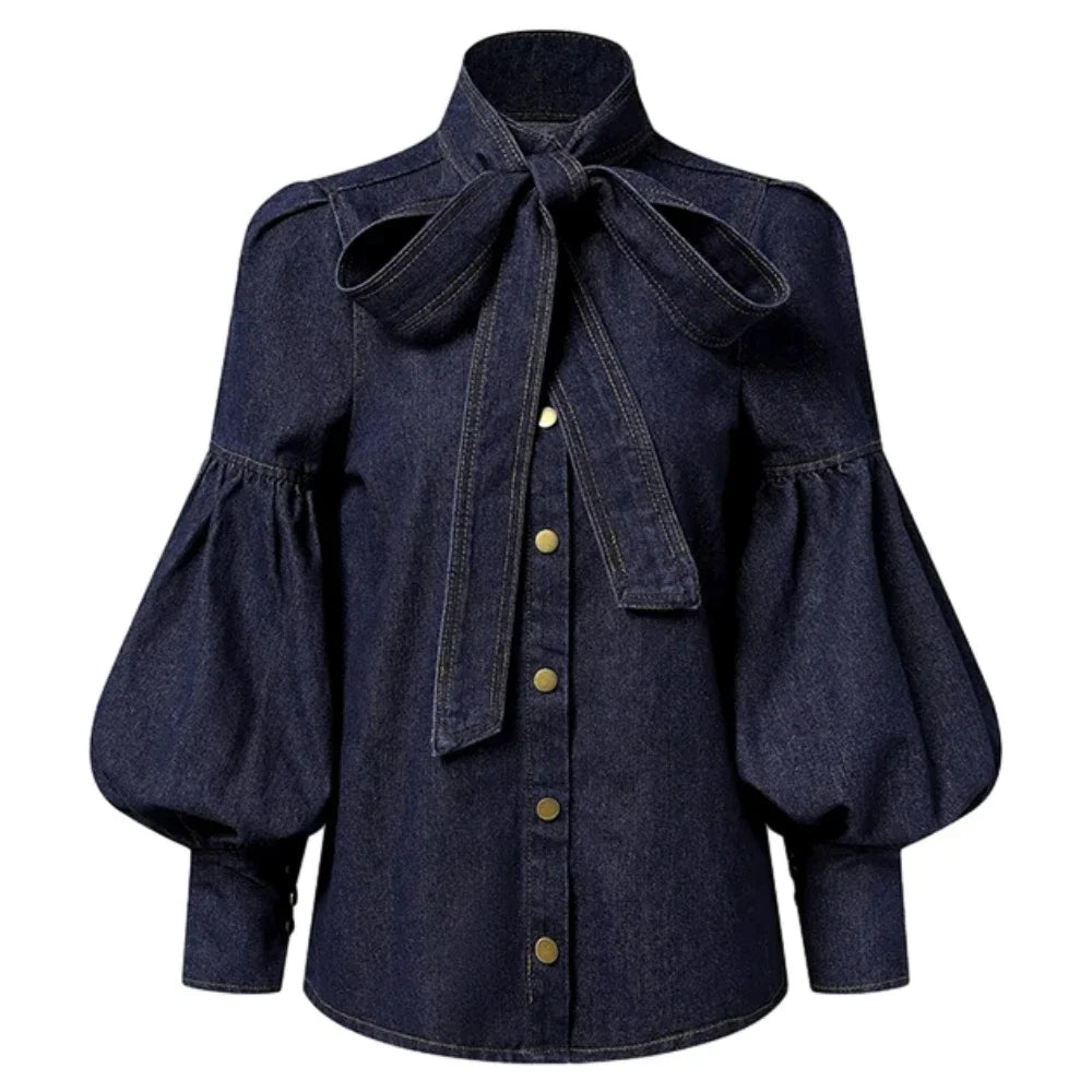 Fashion Bow Design High Neck Blouse/ New Autumn Puff Sleeves Limitation Denim Casual Office Shirts Tops.