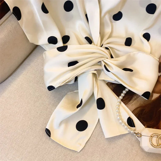 Elegant Polka Dot Tie Front Blouse – Women’s Retro V-Neck Waist Tie Top | French Chic Lightweight Luxury Blouse | Modern Blend Boutique