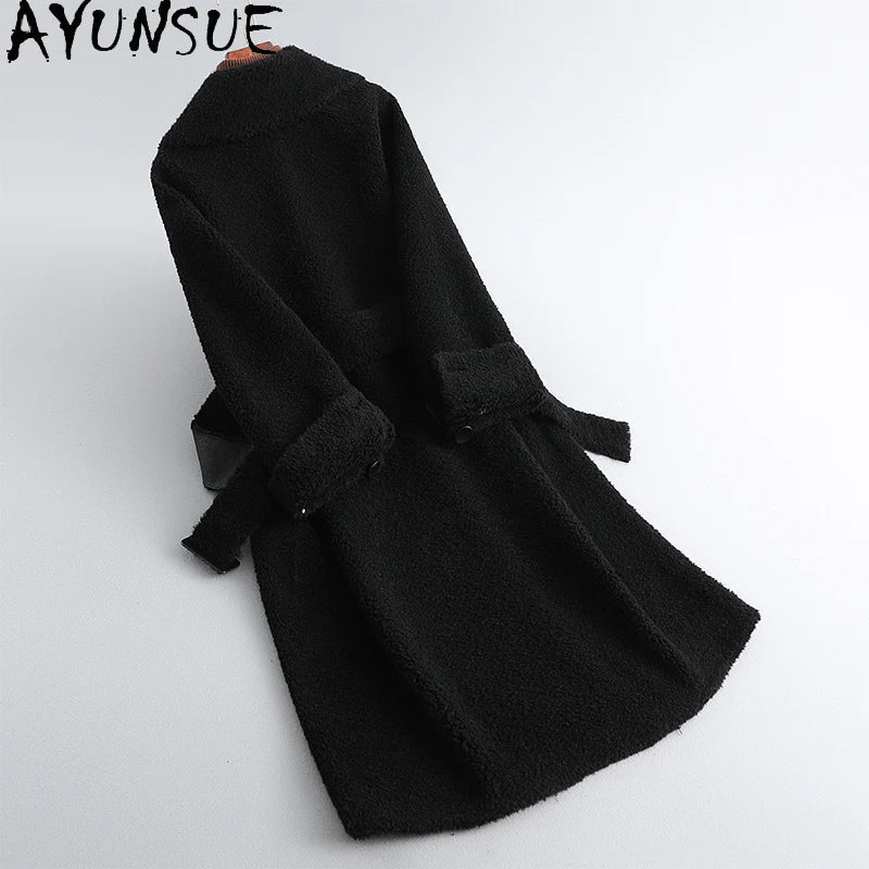 Sumptuous Solid Natural Woolen Coat/Woman Mid Length Lace-up Winter Coat/New Outerwear’s.