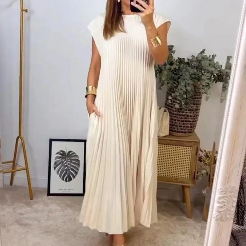 Solid Vintage Loose Pullover/High Waist Dress/Large Hem Long Dress/Fashionable Round Neck Sleeveless Pleated  Mid Calf Women's Dress Femme.