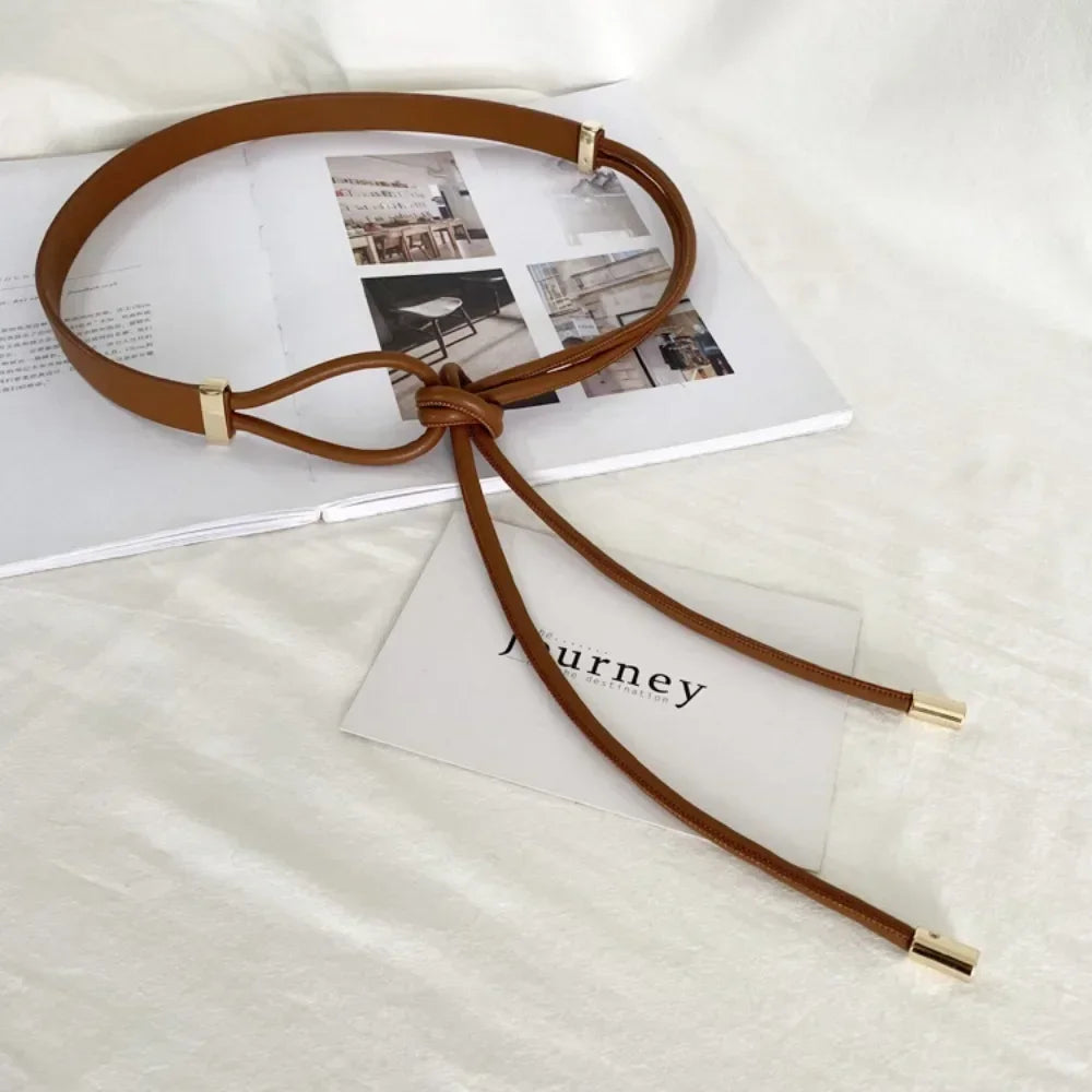 Fashioned Non-Hole Knot Belt/Style Belts PU Leather/Solid Color/Thin Lace-up Waist Strapped.
