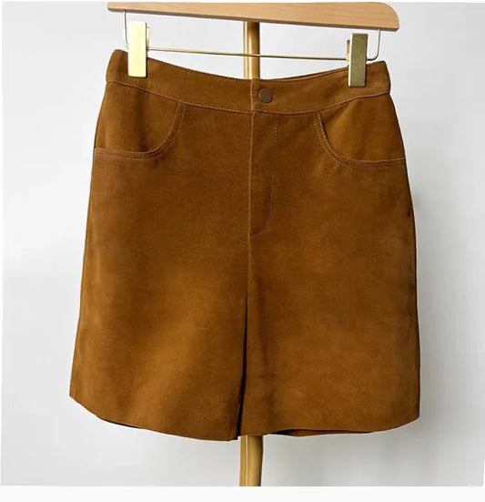 Sheepskin Real Suede Leather Shorts for Women – Genuine Leather Slimming Straight-Leg Mid-Waist Trousers in Coffee Brown | Fall Fashion