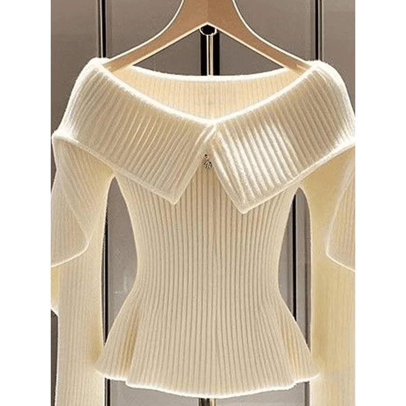 Luxury turn down collar/Wool knitted Sweater/Solid Style High End Design/Sense Niche Thin lapel Fit/Autumn Season wear.