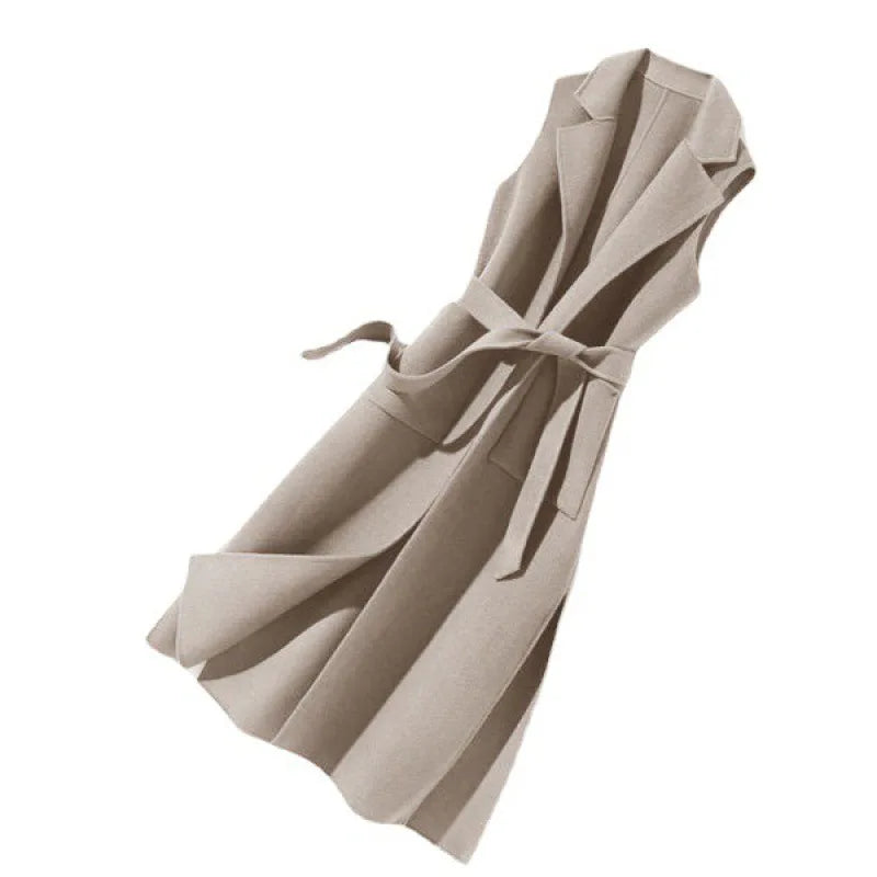 Waist Coat Notch Autumn Winter Jacket/Mid Long Sleeveless/Polo Collar Cotton Vest With Belt/Waist Elegant Casual Coat.