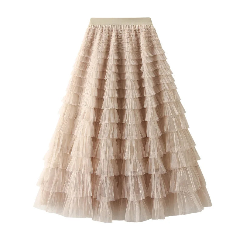 Elegant Layered Mesh Skirt For Women/High-Waisted Puff Skirt/Dropped A~Line/Appliqués Decorative Loose Fitted Skirt.
