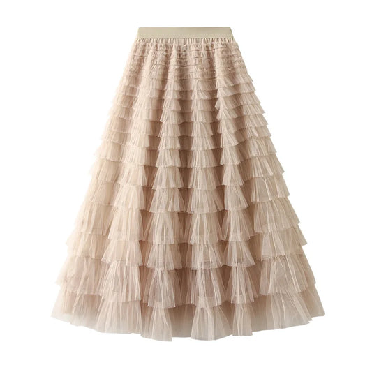 Elegant Layered Mesh Skirt For Women/High-Waisted Puff Skirt/Dropped A~Line/Appliqués Decorative Loose Fitted Skirt.