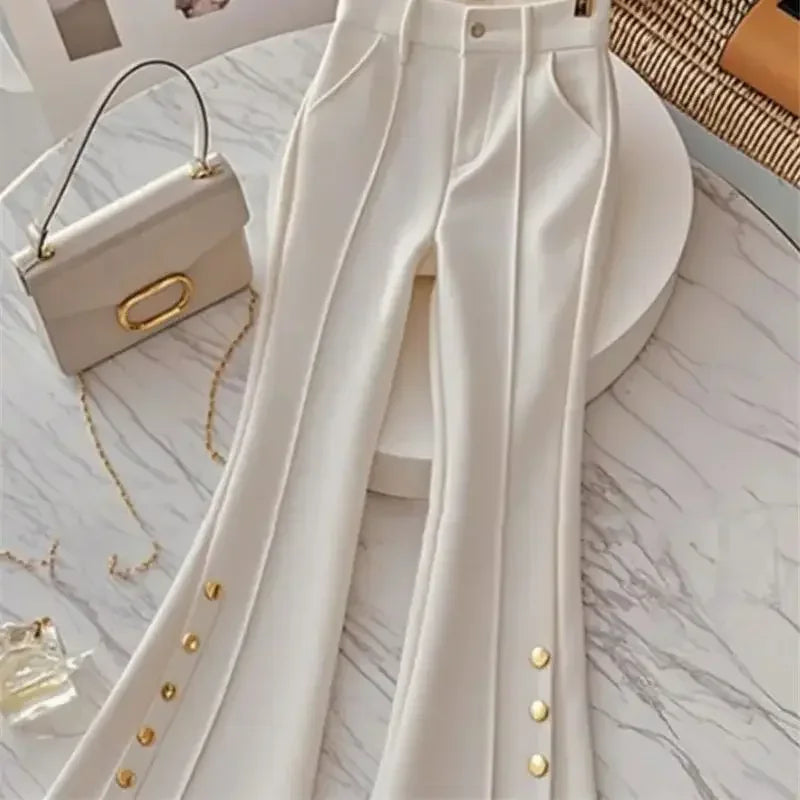 New Luxury Slim Pant’s/High End Fashion Design Button’s/Elegant White Flared Trouser’s/High Waist Lady Bottom Wear.