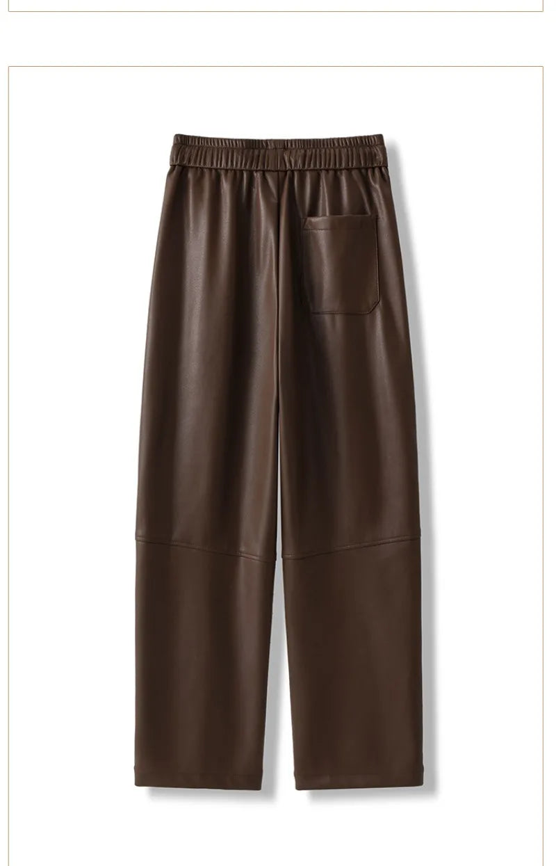 Luxury PU Leather Jogger Pants for Women – High-Waist Elastic Drawstring Wide-Leg Trousers – Comfy Chic Vegan Leather Athleisure Pants