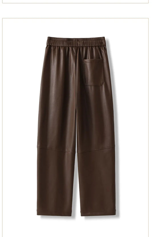 Luxury PU Leather Jogger Pants for Women – High-Waist Elastic Drawstring Wide-Leg Trousers – Comfy Chic Vegan Leather Athleisure Pants