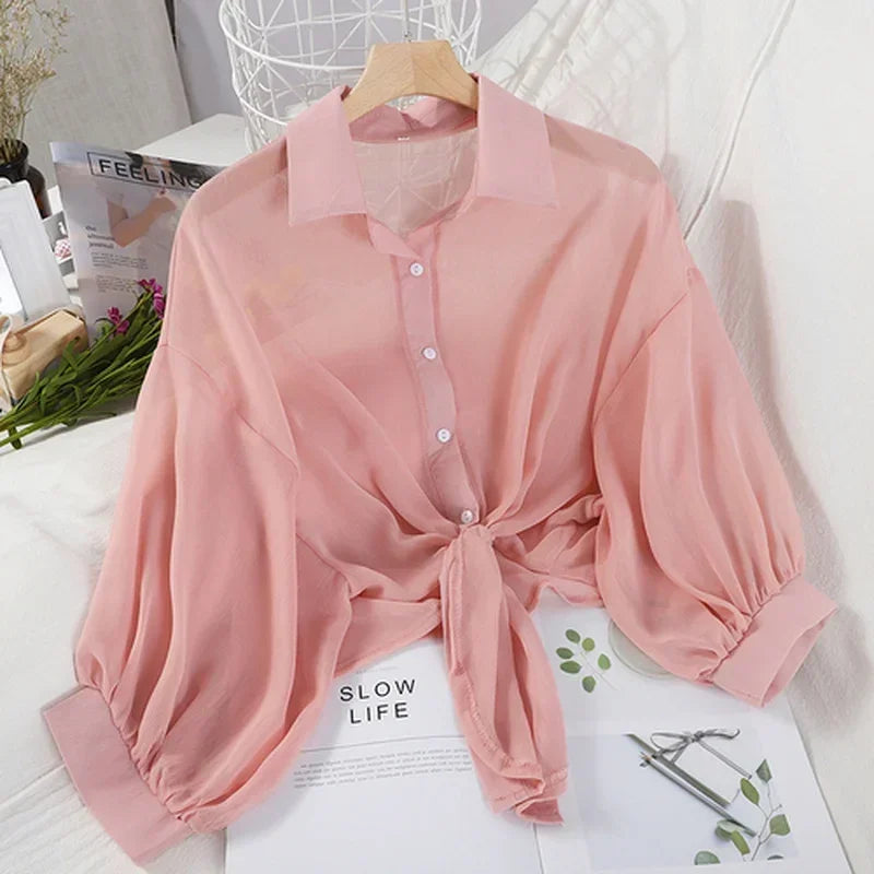 Chiffon Button Down Sleeves/Casual Loose Hollow White Clothes/Elegant Solid Color Tied Waist Blouse/Women Half Sleeve Button Chiffon Shirt.